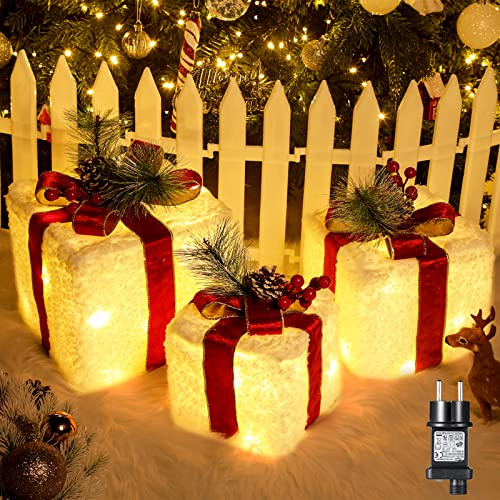 ELKTRY LED Geschenkbox, Weihnachtsdeko mit 60 LED 3 Set außen innen, Beleuchte Weihnachtenbox mit behaarter Textur für Weihnachten, Strom Geschenkbox unter Weihnachtsbaum/Fenster/Garten Stehen