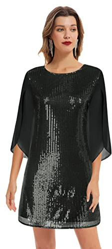 Damen Festliches Kleid Paillettenkleid Hochzeitsgast Wedding Guest Cocktailkleid Glänzend Pailletten Kleid L Schwarz-Pailletten CL1812A22-02