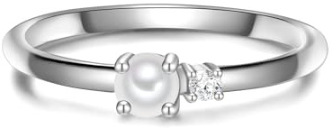 GLANZSTÜCKE MÜNCHEN Damen Ring 925/- Sterling Silber | rhodiniert, Perlenring, Zirkonia, weiß, Süßwasser-Zuchtperle, ca. 3,0 - 3,5 mm, weiß, button