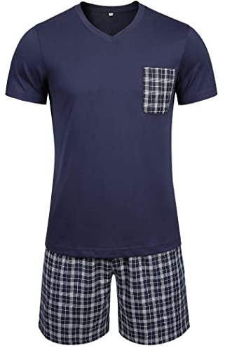 Winovia Herren Schlafanzug Kurz Pyjama Set aus 100% Baumwolle - V-Ausschnitt Kurzarm Shirt & Karierte Shorty Hose mit Gummibund - Atmungsaktive Nachtwäsche & Homewear für Sommer Dunkelblau XL
