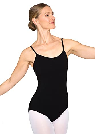 tanzmuster Ballett Trikot Damen Spaghettiträger - Jasmin - BH-Pad-Einschub - Träger doppelt gekreuzt - schwarz 40 - schwarzer Tanz Body aus Baumwolle - Ballettkleidung für Erwachsene