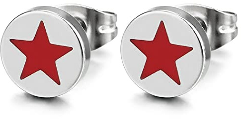 8MM Kreis Ohrstecker mit Stern Pentagramm mit Rot Emaille, Ohrringe für Herren Damen Edelstahl, Ohrschmuck, 2 Stück