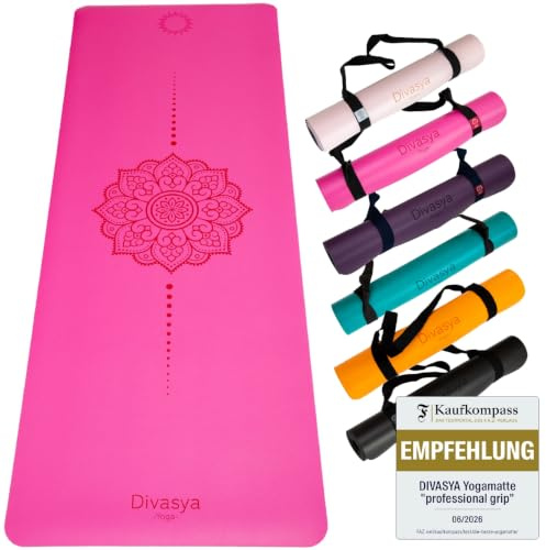 DIVASYA Premium Yogamatte rutschfest: Naturkautschuk rutschfest & japanische professional grip Oberfläche | 185x68x0,45cm | Tragegurt | 4,5mm dicke Yoga Matte rutschfest