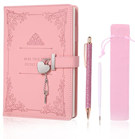 SPEFWTUP Herz-geformtes Schloss Tagebuch mit Stift, A5 Größe Weiches PU Leder Locking Journal Persönlicher Planer Schreiben Notizbuch Geheimes Notizbuch Geschenk für Erwachsene, Kinder. (Rosa).