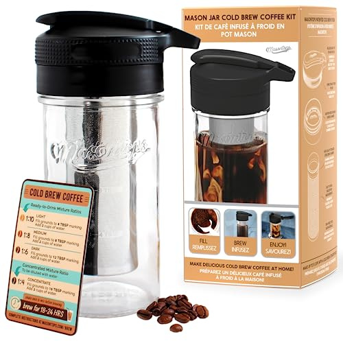 Masontops Cold Brew Makers Kit – Deluxe-Eiskaffeemaschine mit Glaskrug und Edelstahl-Mesh-Filter – einfaches Ausgießen des Kühlschranks, Kaltbrauersystem