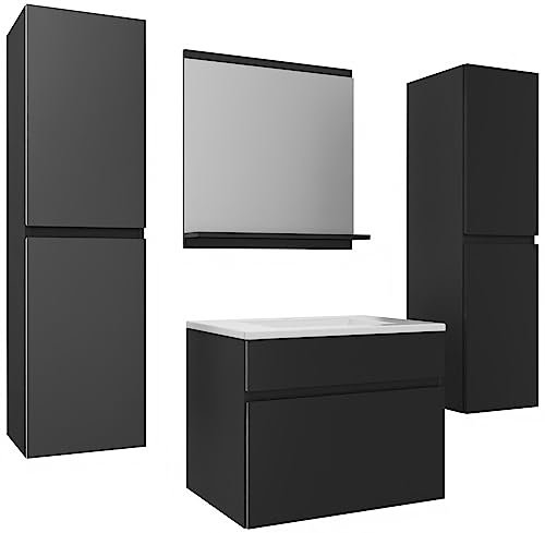 wohnartig | Stella 50 Badmöbel Set ANTHRAZIT/ANTHRAZIT Hochglanz | Waschtischunterschrank mit Waschbecken| 2 x Hochschrank |Spiegel mit Ablage|