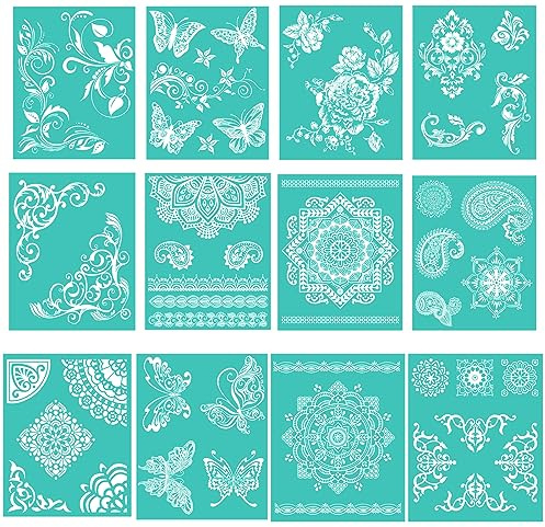 12PCS Flower Elements Silkscreen Stencil,Reusable Self-Adhesive Silk Screen Printing, for Decor/Printing on Wood/Fabric/Wall/Cup/Plate/Glass/Paper, Home Festival Decorations Pattern (8x10inch)