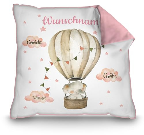 Print Royal PR Kissen zur Geburt mit Name und Geburtsdaten Personalisieren - Elefant im Heißluftballon - Personalisiertes Geschenk zur Geburt | 40 x 40 cm, Rückseite Rosa