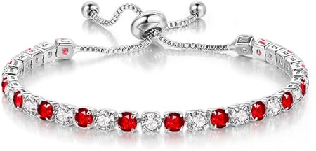 Sfoni Bracciale da tennis da donna, in argento Sterling 925, placcato con brillantini, con pietra portafortuna, in 12 colori, regolabile, per compleanno, Natale, regalo per donne e ragazze, 15.5 cm