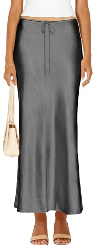 Skrtimory - Gonna lunga da donna in satin e seta, con coulisse, a campana, casual, A-Line, stampa leopardata, gonna lunga per donna, Grigio, M