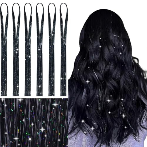 WENNALIFE Hair Tinsel, Glitzer Haarsträhnen für Party Festival Mädchen | 120cm 6 Stück Haar Lametta 1200 Glitzersträhnen für Haare. #Schwarz. Leicht, Gerade, Knitterfrei.