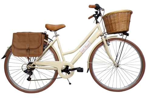 Cicli Tessari - bicicletta da donna bici da città city bike da passeggio 28'' con cambio vintage retro' beige cesto vimini borse laterali (beige)
