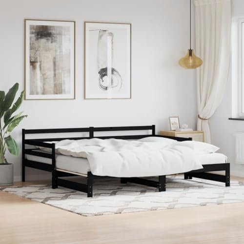Rantry Tagesbett Ausziehbar Sofabett Schlafsofa Ausziehbett Schlafcouch Bettsofa Tagesbett mit Lattenrost Schwarz 90x200 cm Massivholz Kiefer Jugendbett Gästebett für Schlafzimmer Wohnzimmer