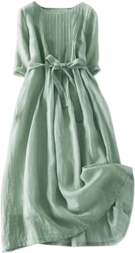 CheJooe Dam linneklänning sommar kortärmad enfärgad rund hals ledig lös passform midi-klänningar damer boho säckig strand semester elegant passande klänning, grön-b, XL