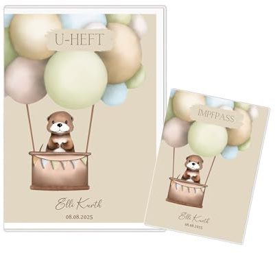 U-Heft- und Impfpass Hüllen Set personalisiert, Untersuchungsheft mit Name und Geburtsdatum, viele Tiermotive, Geschenk zur Geburt, Taufe, Schutz UHeft und Impfpass (Otter)