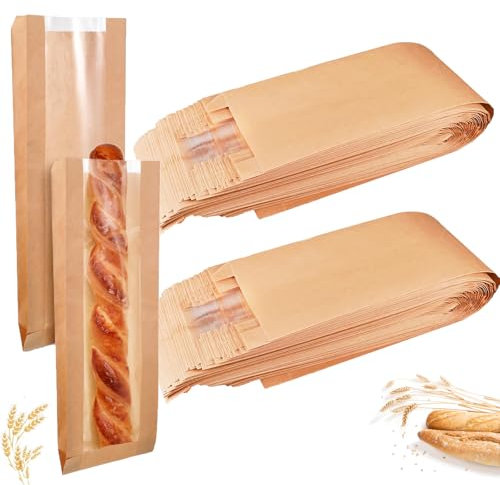 100 Stück Kraftpapier-Baguette-Brotbeutel, Papier-Brotbeutel mit Fenster, lange französische Brotbeutel für hausgemachte Brotbeutel (4,3 x 1,5 x 23,2 Zoll)