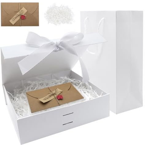 Geschenkbox mit Deckel weiß Geschenkkarton mit Magnetverschluss und Schleife Tasche Raffia Grußkarten Geschenkkiste für Geburtstag Hochzeit Weihnachten(26×19×8cm)