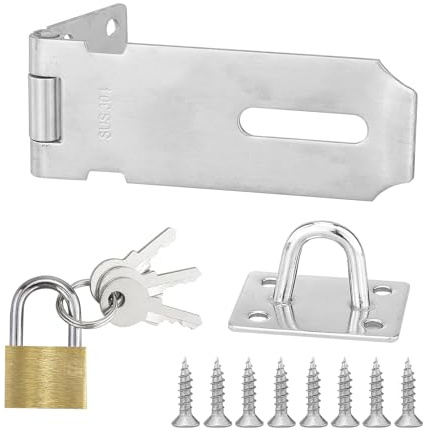 Stainless Steel 4-Inch Hasp and Lock - Heavy-Duty Door Latch with Brass Padlock for Gate Security