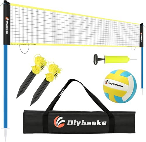 Volleyballnetz für den Außenbereich, kleines tragbares Volleyballnetz-Set mit 6 m langem Anti-Aging-Netz, Eisen höhenverstellbare Stangen, weiches PU-Volleyball mit Pumpe, Tragetasche, einfach