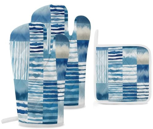 Ofenhandschuhe und Topflappen-Set, hitzebeständig, Topflappen, rutschfeste Hot Pads, Streifen, Bemalung, Ofenhandschuhe zum Kochen, Backen, Grillen, 3-teilig