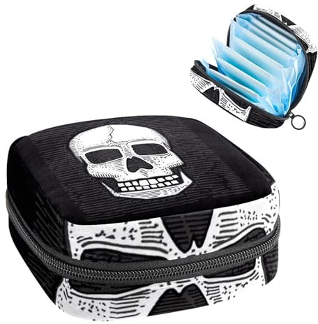 Aufbewahrungstasche für Damenbinden, Menstruationstasse, Tamponbeutel, Periodeneinlagen-Halter, Organizer für Frauen und Mädchen, schwarzer Punk, handgezeichneter Totenkopf