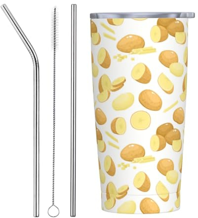 VOSERY Botella de agua de 20 onzas con tapa y popote, diseño de patata de dibujos animados, vaso aislado de acero inoxidable, taza de café de viaje, vaso personalizado
