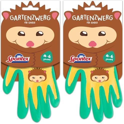 Spontex Gartenzwerg Handschuhe, Gartenhandschuhe für Kinder, ideal für das Spielen und Arbeiten im Garten, mit Nitrilbeschichtung, Farbe nicht frei wählbar, 1 Paar, 4-6 Jahre (Packung mit 2)
