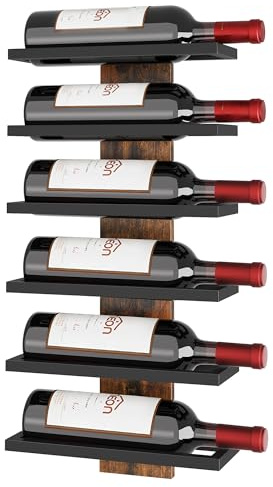 Hoctieon Portabottiglie da Parete, Portabottiglie con 6 Livelli，in legno,organizer per bottiglie da appendere per soggiorno, sala da pranzo, cantina, bar, nero
