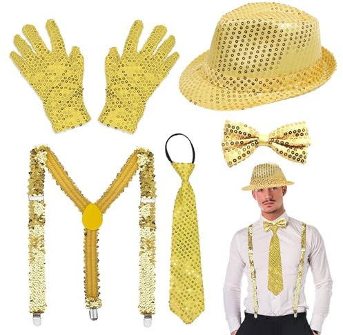 TUONYIS 5 Pièces Accessoires Disco Paillette Set, Chapeau de Danse Jazz Déguisement Noeud Papillon à Sequins Cravate à Paillettes Bretelles Pour Déguisement Danse Fête Spectacle de Scène(Or)