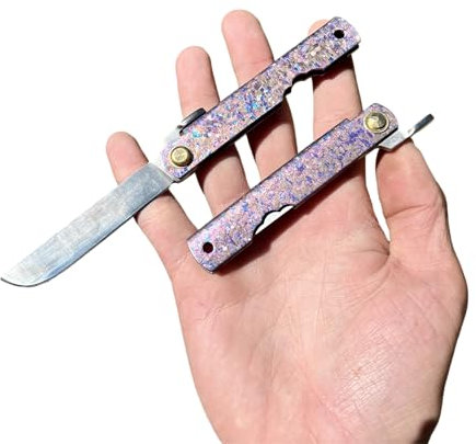 Obespina Petit Couteau Pliant Custom Higonokami Traditionnel Japonais Manche Titane Anodisé Bleu Rose Violet Lame Tanto Acier 14c28n Collection De Poche Cadeau Homme tranchant
