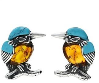 Sterling Silver Kingfisher Stud Earrings, Baltic Amber and Turquoise, Oxidised Bird Design (Small)