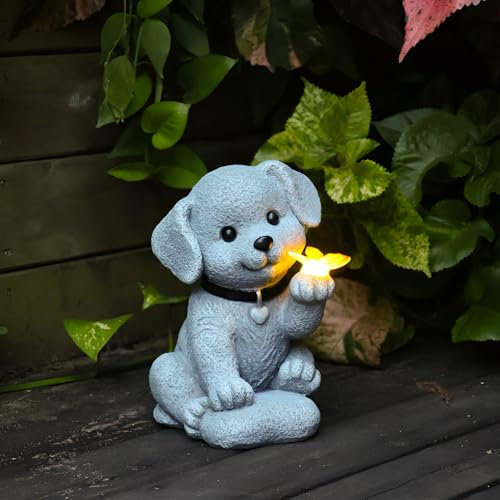 Tuzsocr Solar Gartenstatuen - Hund Figuren mit Schmetterling Solar Deko für Außen, Wetterfeste Hunde Statue Deko, Geschenke für Frauen Männer Mama Geburtstag Dekoration für Balkon Terrassen (Stil 1)