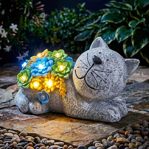 Décoration de jardin solaire en forme de chat avec lumières – Lot de 1 – Statue de chat d'extérieur de 22 cm avec plantes succulentes et lumières LED, figurine décorative pour terrasse, balcon, cour