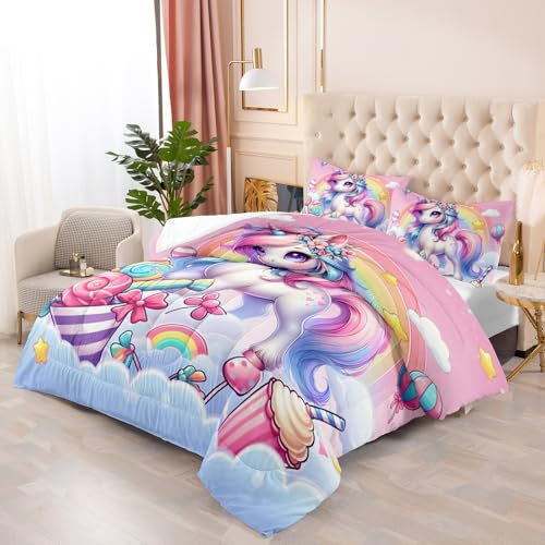 Bettdecke 140X200 Rosa Lila Einhorn Drucken Steppdecke 200Gsm,Dünne Und Leichte Bettdecken,4 Jahreszeiten Bettdecken 140X200,Weiche Mikrofaser Bettdecke Mit 2 Kissenbezüge,Warm Steppbettdecke