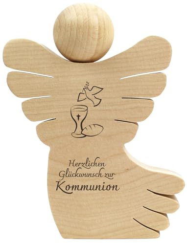 Geschenkissimo Herzlichen Glückwunsch zur Kommunion - Holz Engel mit Gravur - Deko & Geldgeschenk - Erinnerungsstück für Patenkind, Enkel oder als Tischdeko zur Feier Geschenkidee
