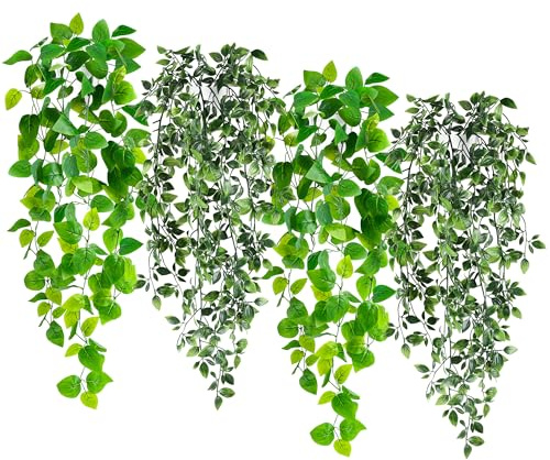 BTSD-home Paquete de 4 plantas falsas colgantes de hiedra sintética en maceta, plantas de mandala artificiales para habitación, baño, pared, estante, decoración de interiores