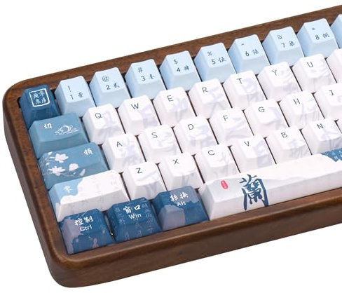 COOMICKEY Cute Keycaps Chinese Calligraphy Blue White PBT MX Switch Key Cap | Dye Sublimation Legends, 130 Keys, 60% 75% 96% 100% Layouts, Cherry Profile, Cute Desk Setup, Gaming Use, Home Office