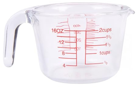 Jarra medidora de vidrio de 500 ml con mango y boquilla, vidrio de borosilicato duradero con marcas OZ/ML y tazas, resistente al calor, apta para lavavajillas, ideal para hornear, cocinar y preparar