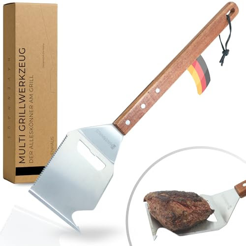 Multi Tool Grill Werkzeug Holzgriff | Multifunktionelles Grillwerkzeug mit edlem Akazienholz Griff zum schneiden, als Fleischgabel, Grillspachtel und vieles mehr |Grillen Zubehör | Grill Geschenke