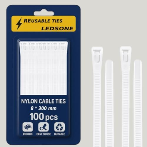 100 Pack Reusable Cable Ties 300mm White Heavy Duty Strong Nylon Large Zip Ties Releasable Plastic Thick Tie Wraps (White 300 x 8 mm)