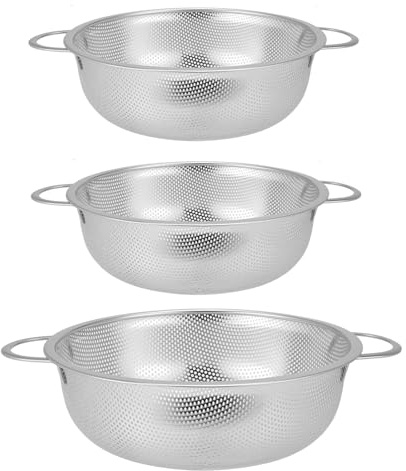 CHUIFAI Juego de 3 coladores de acero inoxidable para cocina, colador de pasta con asas, colador de acero inoxidable para frutas, verduras, arroz, fideos, apto para lavavajillas, 22,5 x 9 cm y 28,5 x