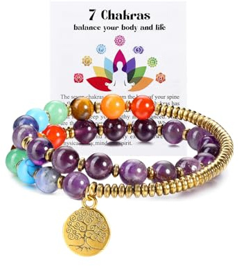 JSDDE Bracelet Spirale Double Tour Améthyste Chakra Pendentif Arbre de Vie | Bohème Bracelet Élastique Arbre de Vie Perles 7 Chakras Pierres sans Fermoir 8mm Bijoux Porte-Bonheur Spirituel Cadeau Femmes