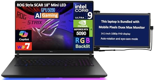 ASUS ROG Strix Scar AI Gaming Laptop 18 240Hz Mini LED WQXGA Display (Intel Ultra 9-275HX, GeForce RTX 5090 24GB, 64GB DDR5, 2x8TB PCIe SSD (16TB), RGB KB, Win 11 Pro) w/Duex Max DS Monitor