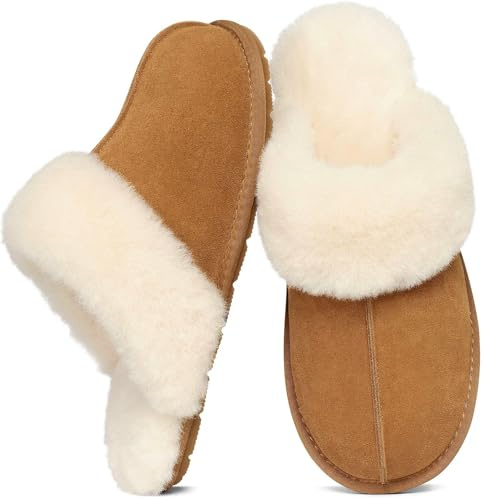 KIDMI 100% Genuine Leather Slippers for Women Fuzzy Winter Scuff House Shoes Cozy Warm Slip on Bedroom Slippers Indoor Outdoor,Chestnut 36 (size 6)
