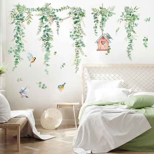 FUFUQUARE Pegatina de Pared de Vid Colgante Verde Hojas Pájaros Florales Arte de Pared Calcomanía Removible Despegable y Pegado para Sala de Estar Dormitorio Sofá TV Fondo