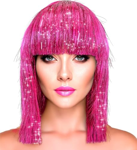 Metallic Damen Perücke Foxy Bob Pagenkopf mit Pony 70er 80er Disco Space-Girl Lametta Science Fiction Weltall Engel, Farbe:Pink