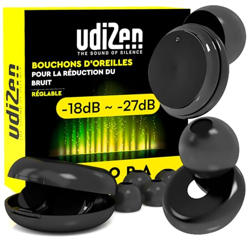 Bouchons d'Oreilles Antibruit pour Dormir Voyager Étudier -18dB ~ -27dB UdiZen Aurora Réduction du Bruit - 1 Paire de Bouchons Ergonomiques Réutilisables Protection Auditive SNR Réglable avec Étui