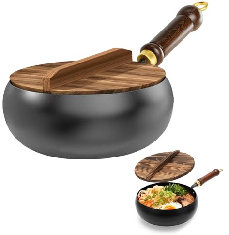 Hengrongshen Sartén de hierro japonesa con tapa de madera, 28cm Antiadherente natural y sin revestimiento químico Sartén de hierro forjado para cocinas de inducción, eléctricas y de gas