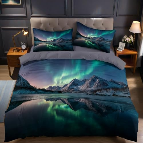 Verde Copripiumino Una Piazza e Mezza 250x200 cm Aurora boreale sulle montagne innevate Set Biancheria da Letto Confortevole Microfibra Cotone Traspirante con Cerniera e 2 Federe