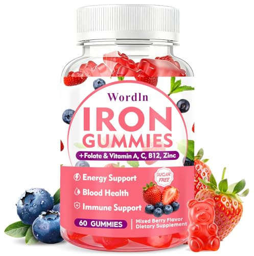Iron Gummies for Women, Men & Kids, Vegan Iron Supplement with Vitamin C, B12, Folate for Energy Support & Immune Health, Sugar Free, 60 Gummies (Pack of 1)